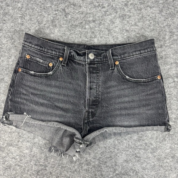 Levis 501 Jean Shorts Womens 29 Black Denim Cut Off High Rise Frayed - Picture 2 of 10